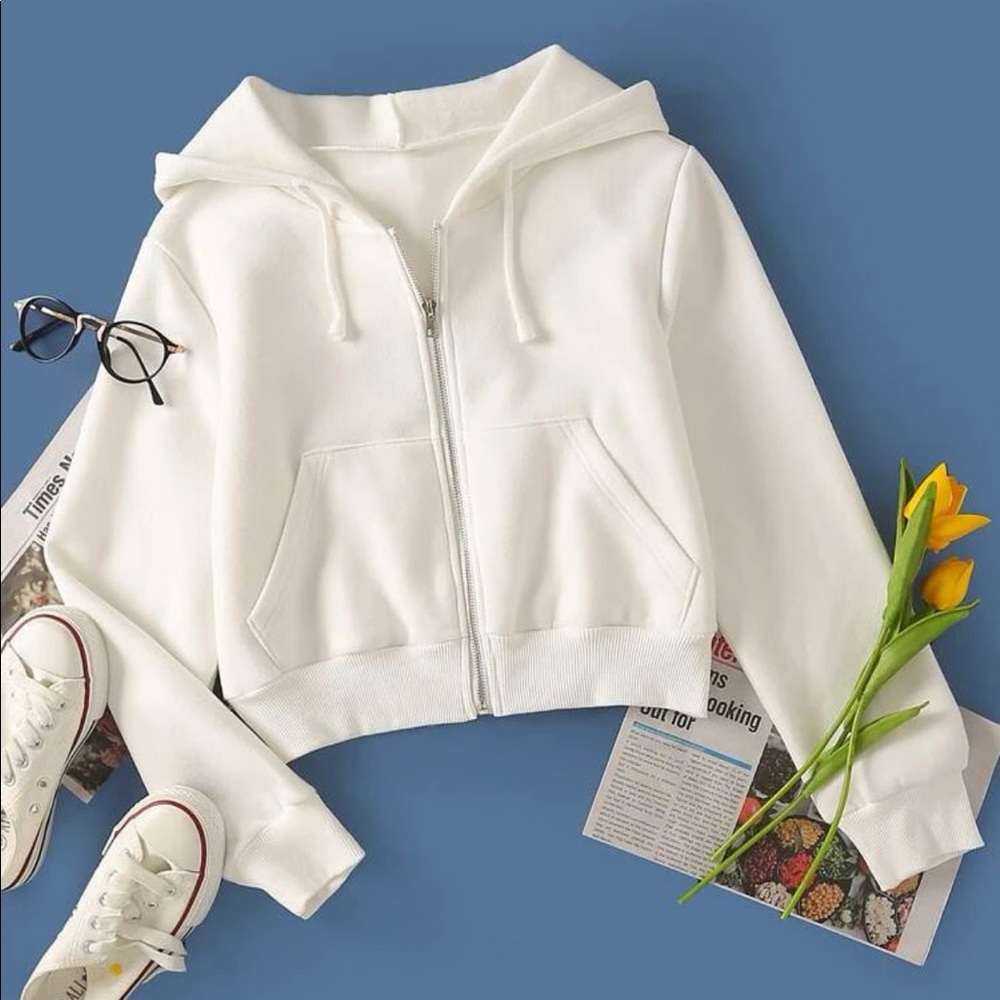 Pocket Front Zip Up Drawstring Crop white Hoodie